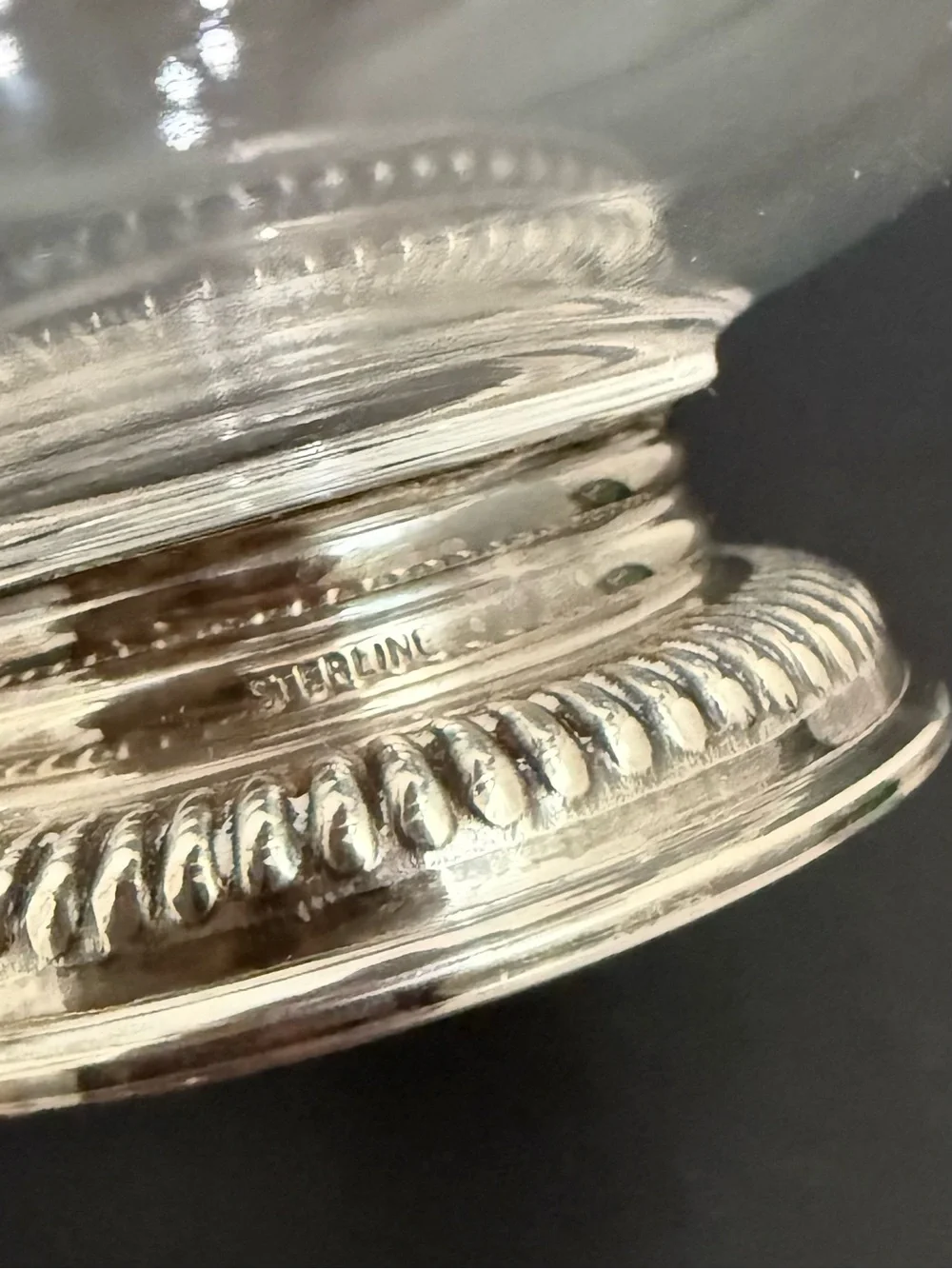 Vintage Ribbed STERLING Silver Base Clear Glass Gravy Boat Sauce Dish